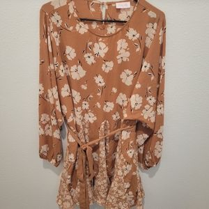 Pink Lily long sleeve flowy dress with tie L